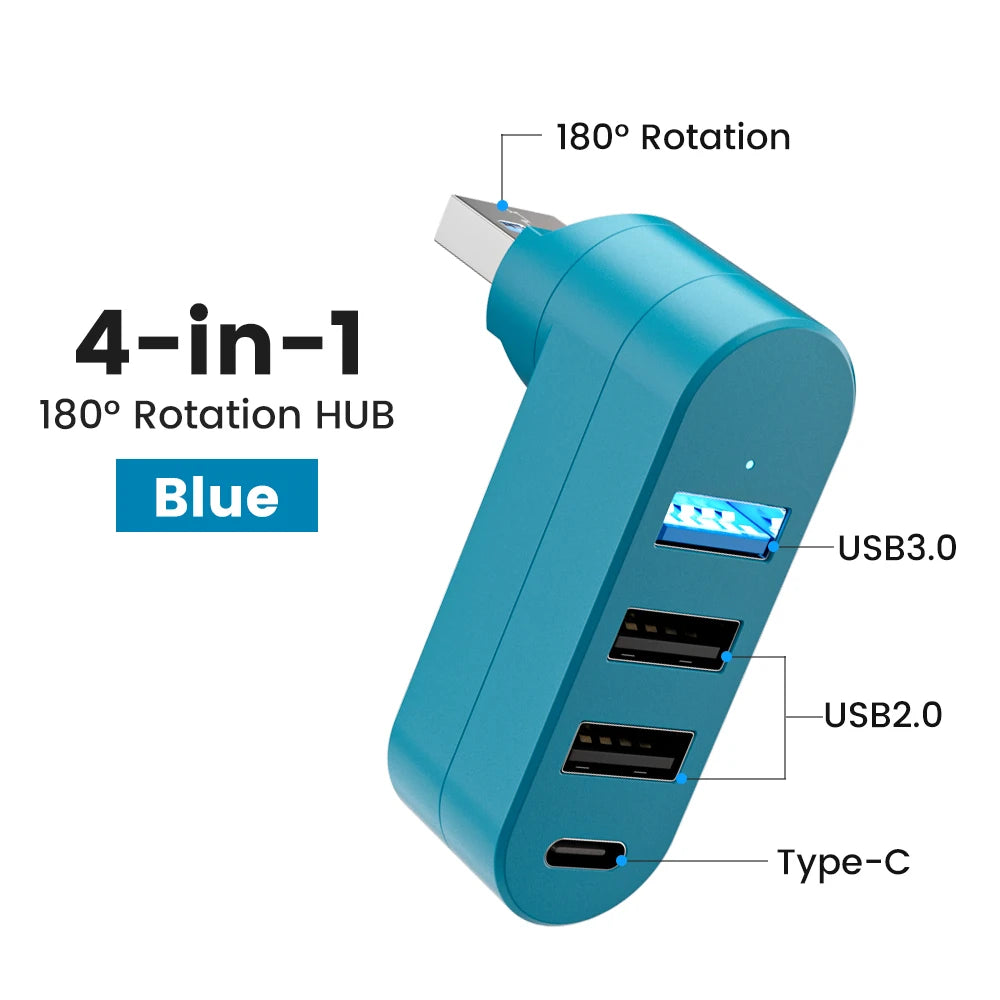 USB 3.0 Power Adapter – 180° drehbarer 4-Port USB-Hub mit High-Speed Datenübertragung für PC & Laptop
