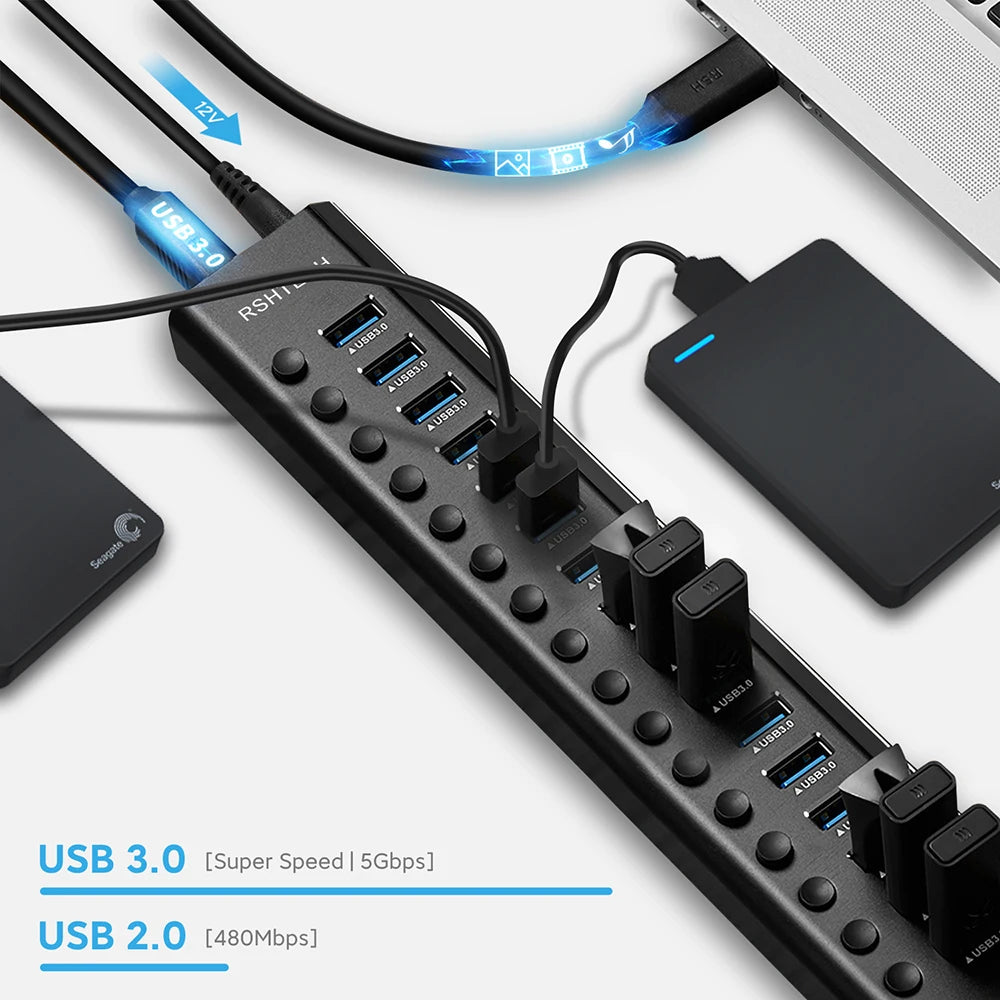 🔌 RSHTECH USB 3.0 HUB – 7/10/13/16-Port Aluminium Verteiler mit 5Gbps High-Speed & unabhängigen Schaltern