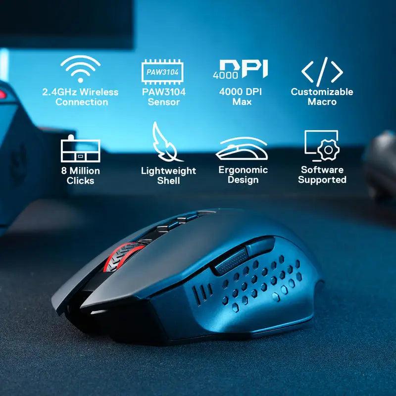 🖱️ Redragon M656 Gainer – Wireless Gaming Maus (4000 DPI, 2.4GHz) mit 7 programmierbaren Tasten & roter LED-Beleuchtung