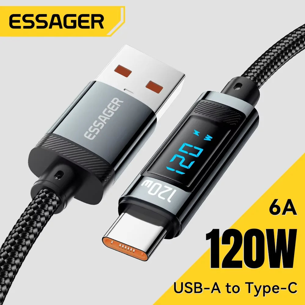 Essager 120W USB-C Schnellladekabel – Fast Charging Ladekabel mit LED-Leistungsanzeige für iPhone, Samsung & Huawei