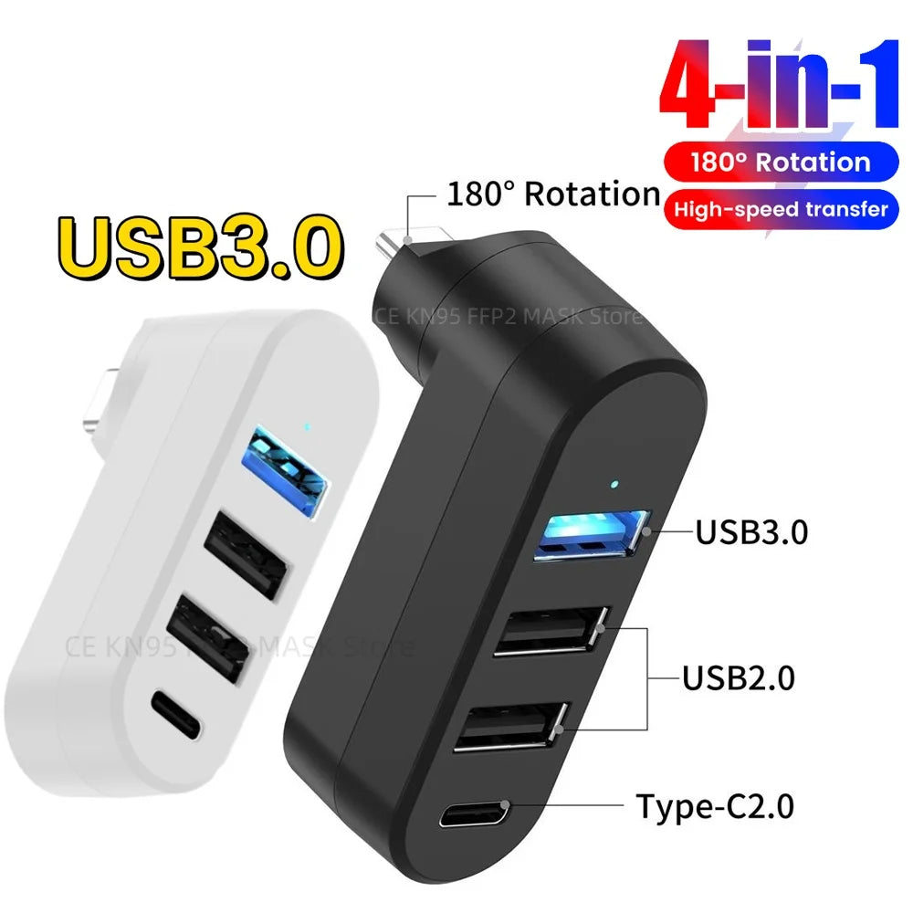USB 3.0 Power Adapter – 180° drehbarer 4-Port USB-Hub mit High-Speed Datenübertragung für PC & Laptop