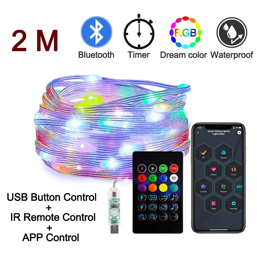 🌈 Dreamcolor WS2812B RGB LED Lichterkette – Bluetooth Smart Fairy Lights (IP65, Wasserdicht, 6V) für Zimmer, Parties & Weihnachten