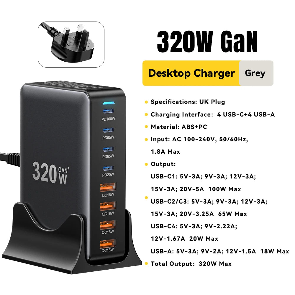 🔌 Essager 320W GaN Lade-Station – 8-Port USB-C & USB-A Desktop Charger (PD 100W, Fast Charging) für iPhone, MacBook, Samsung & Huawei