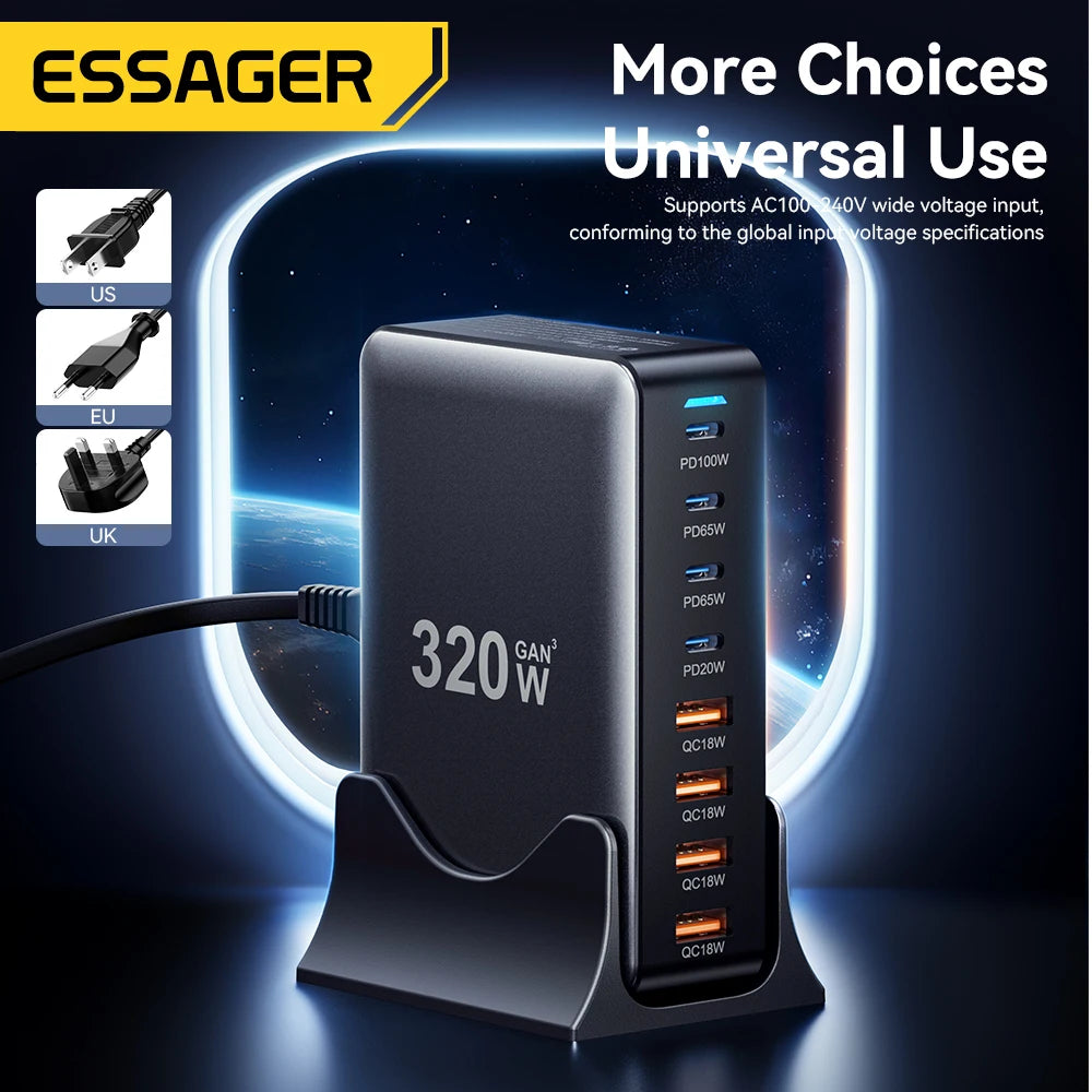 🔌 Essager 320W GaN Lade-Station – 8-Port USB-C & USB-A Desktop Charger (PD 100W, Fast Charging) für iPhone, MacBook, Samsung & Huawei