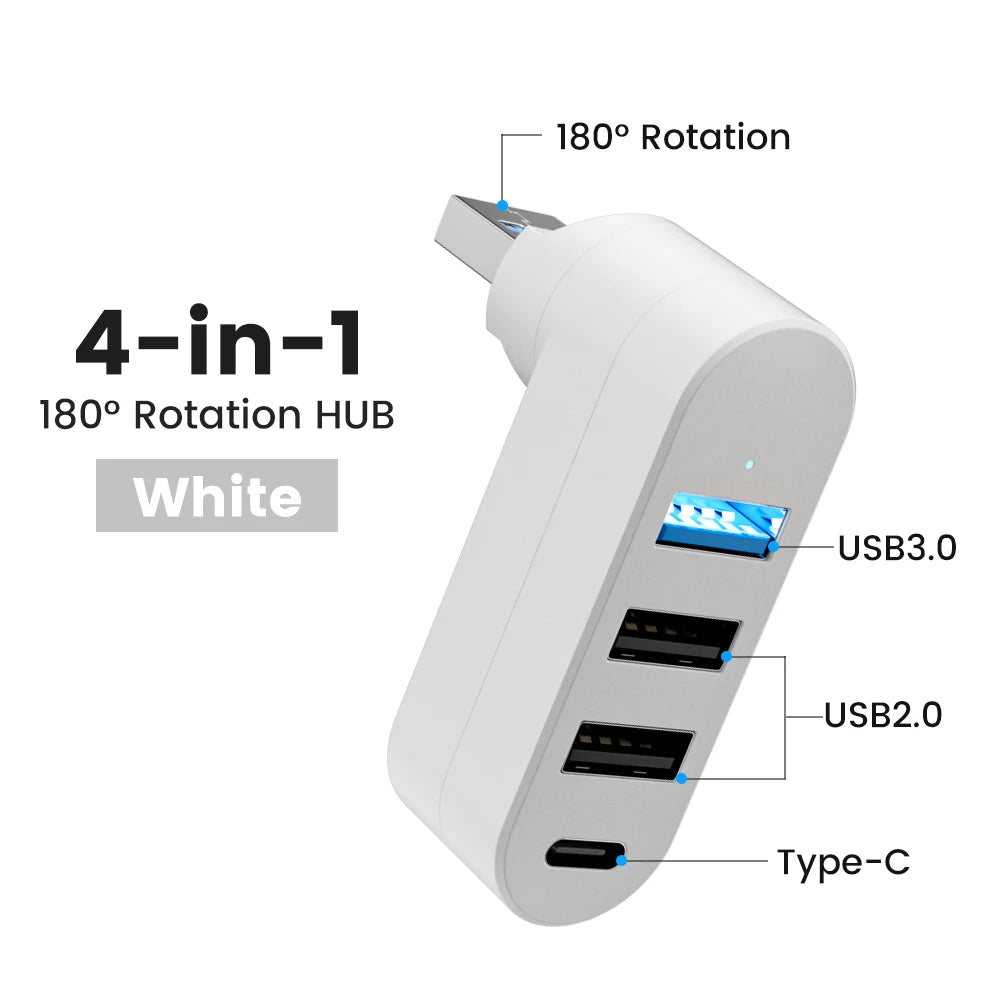 USB 3.0 Power Adapter – 180° drehbarer 4-Port USB-Hub mit High-Speed Datenübertragung für PC & Laptop