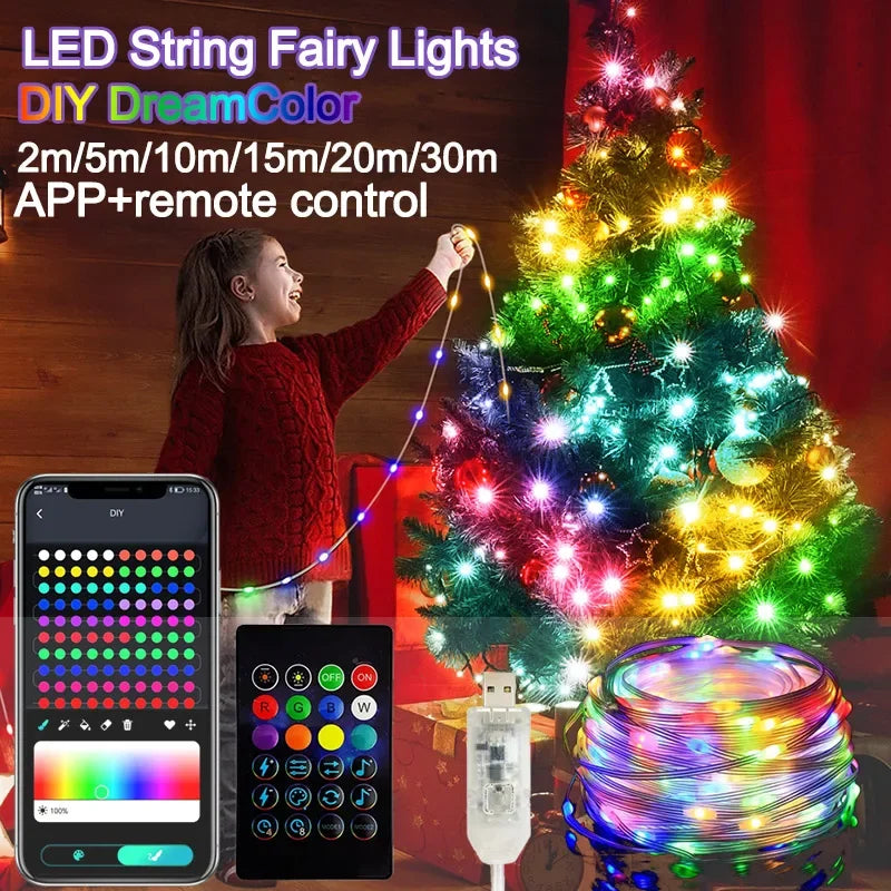 🌈 Dreamcolor WS2812B RGB LED Lichterkette – Bluetooth Smart Fairy Lights (IP65, Wasserdicht, 6V) für Zimmer, Parties & Weihnachten