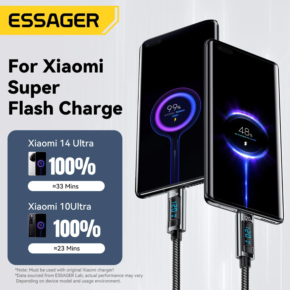 Essager 120W USB-C Schnellladekabel – Fast Charging Ladekabel mit LED-Leistungsanzeige für iPhone, Samsung & Huawei