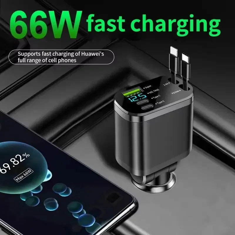 UYUXIO 66W USB-C Auto-Ladeadapter – Super Fast Car Charger mit ausziehbarem Kabel & LED-Spannungsanzeige für iPhone & Samsung