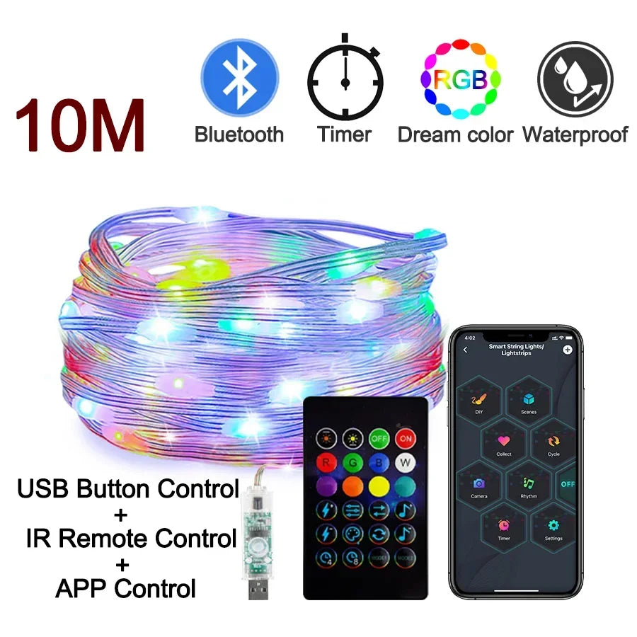 🌈 Dreamcolor WS2812B RGB LED Lichterkette – Bluetooth Smart Fairy Lights (IP65, Wasserdicht, 6V) für Zimmer, Parties & Weihnachten