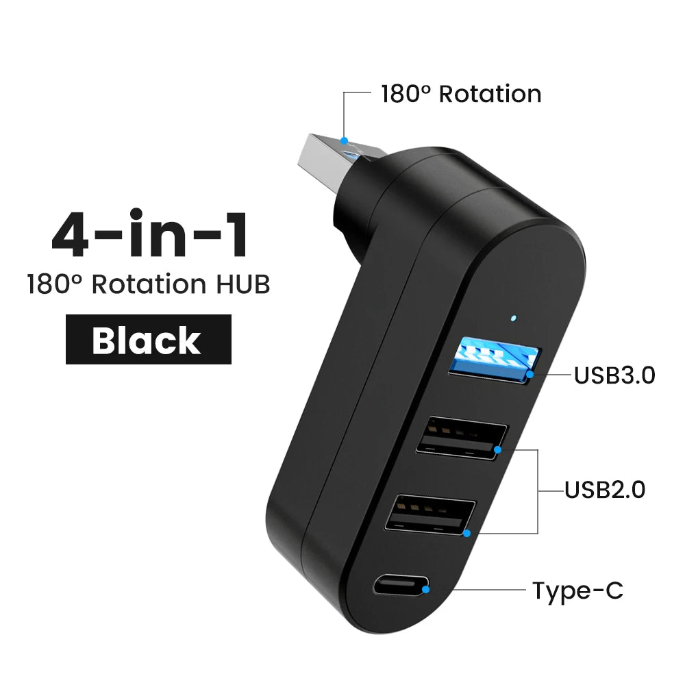 USB 3.0 Power Adapter – 180° drehbarer 4-Port USB-Hub mit High-Speed Datenübertragung für PC & Laptop