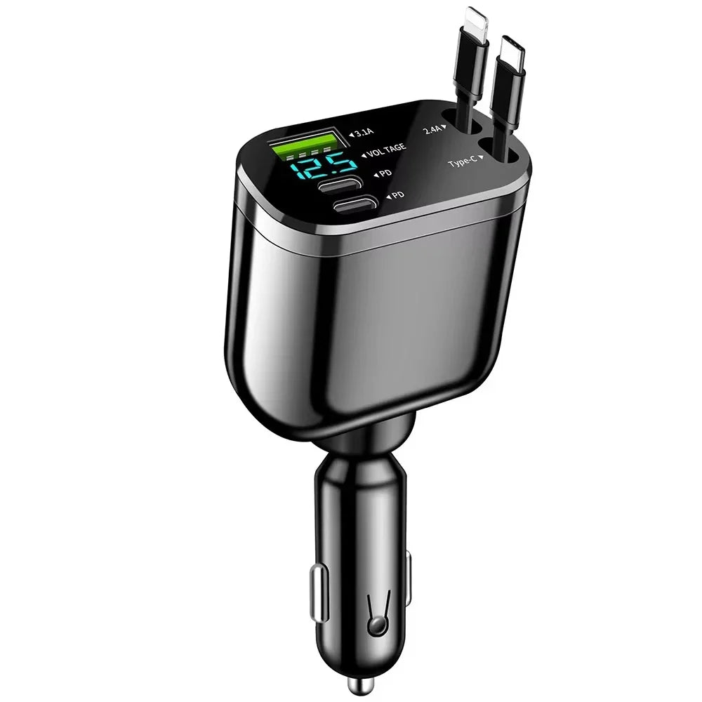 UYUXIO 66W USB-C Auto-Ladeadapter – Super Fast Car Charger mit ausziehbarem Kabel & LED-Spannungsanzeige für iPhone & Samsung