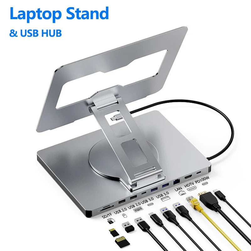 💻 YUCUN 360° Laptop Stand – Drehbarer & faltbarer Universal-Laptophalter aus Aluminium mit USB-Hub, Kartenleser & RJ45