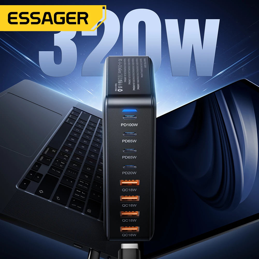 🔌 Essager 320W GaN Lade-Station – 8-Port USB-C & USB-A Desktop Charger (PD 100W, Fast Charging) für iPhone, MacBook, Samsung & Huawei