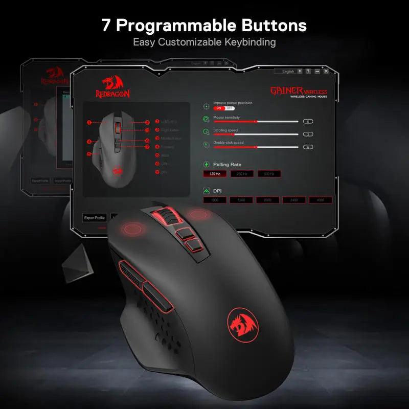 🖱️ Redragon M656 Gainer – Wireless Gaming Maus (4000 DPI, 2.4GHz) mit 7 programmierbaren Tasten & roter LED-Beleuchtung
