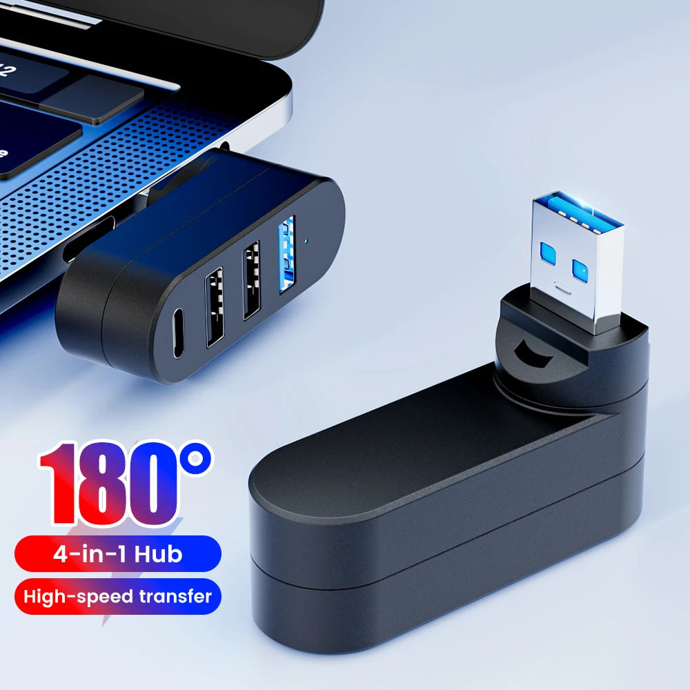USB 3.0 Power Adapter – 180° drehbarer 4-Port USB-Hub mit High-Speed Datenübertragung für PC & Laptop