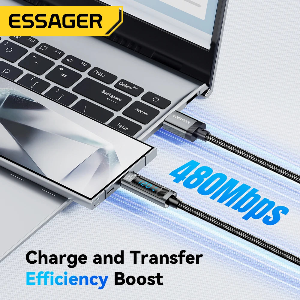 Essager 120W USB-C Schnellladekabel – Fast Charging Ladekabel mit LED-Leistungsanzeige für iPhone, Samsung & Huawei