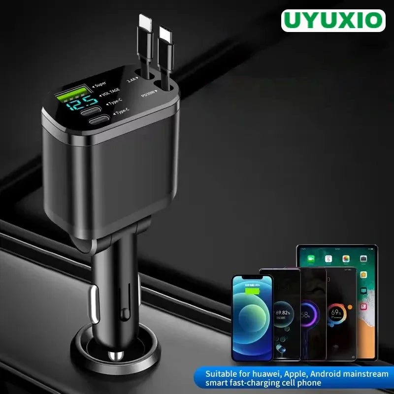 UYUXIO 66W USB-C Auto-Ladeadapter – Super Fast Car Charger mit ausziehbarem Kabel & LED-Spannungsanzeige für iPhone & Samsung