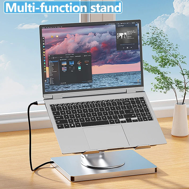 💻 YUCUN 360° Laptop Stand – Drehbarer & faltbarer Universal-Laptophalter aus Aluminium mit USB-Hub, Kartenleser & RJ45