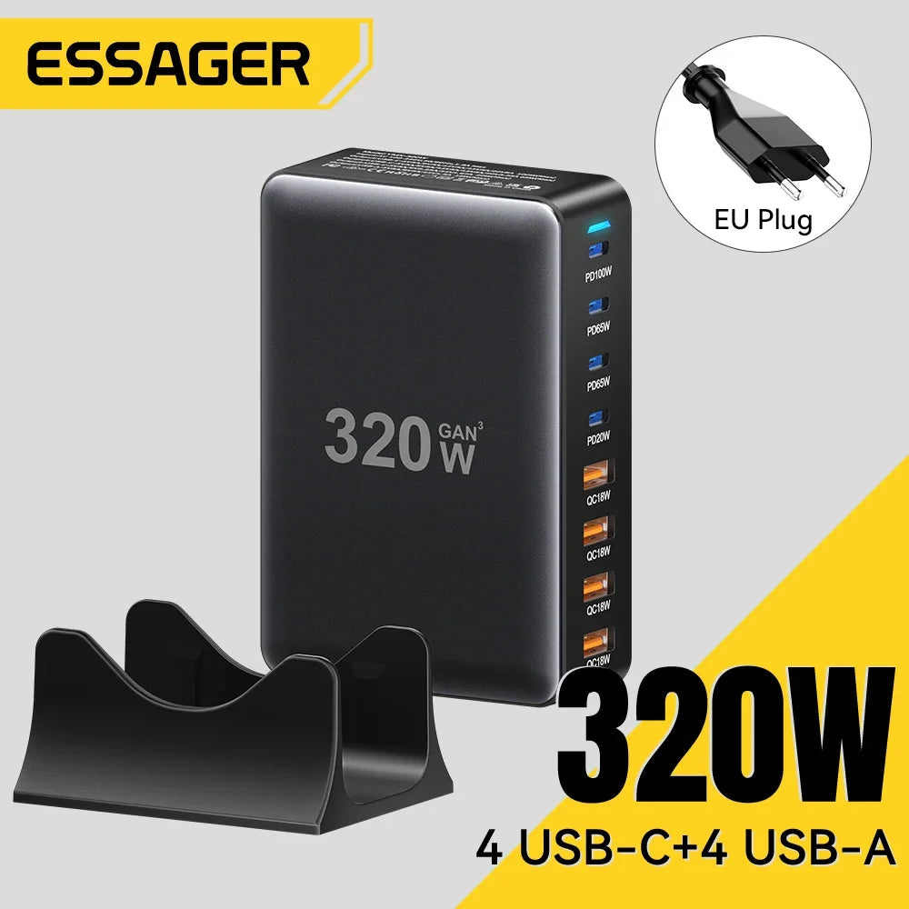 🔌 Essager 320W GaN Lade-Station – 8-Port USB-C & USB-A Desktop Charger (PD 100W, Fast Charging) für iPhone, MacBook, Samsung & Huawei