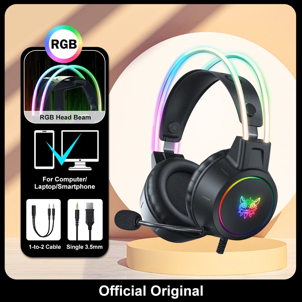 ONIKUMA RGB Gaming Headset – Gaming Kopfhörer mit HD-Mikrofon & 3.5mm Anschluss für PC, PS4/PS5, Xbox & Switch