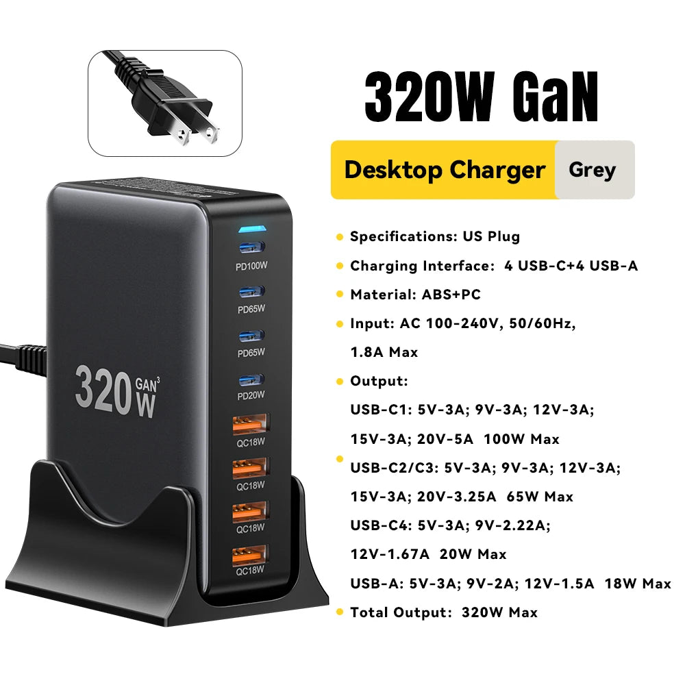 🔌 Essager 320W GaN Lade-Station – 8-Port USB-C & USB-A Desktop Charger (PD 100W, Fast Charging) für iPhone, MacBook, Samsung & Huawei