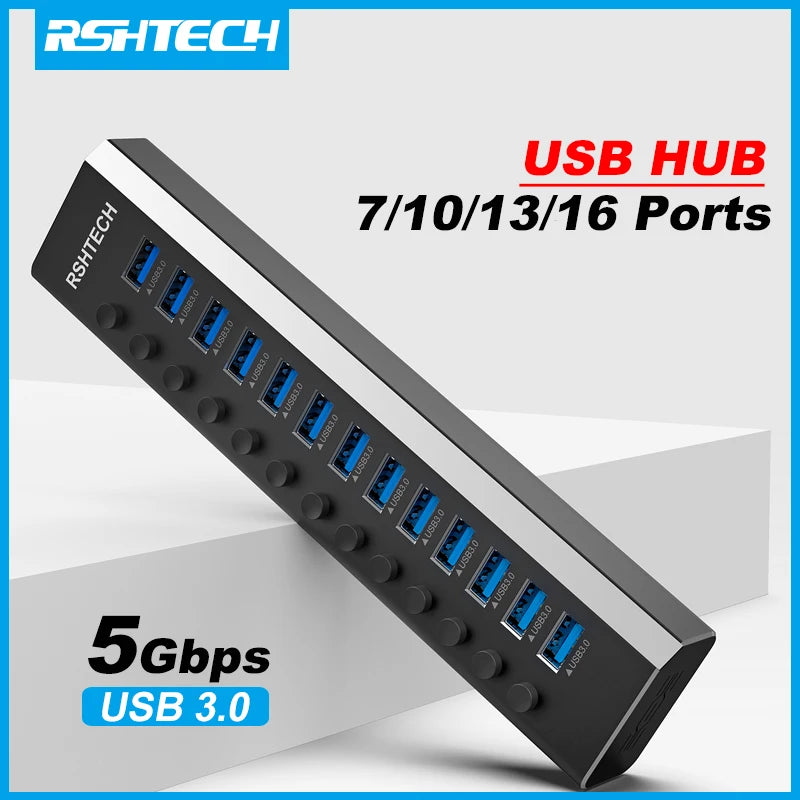 🔌 RSHTECH USB 3.0 HUB – 7/10/13/16-Port Aluminium Verteiler mit 5Gbps High-Speed & unabhängigen Schaltern