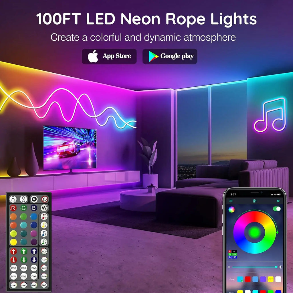 🌈 RGB Neon Rope Lights – Flexibles LED-Seillicht mit App & Fernbedienung (IP65 Outdoor, multiple Modi)