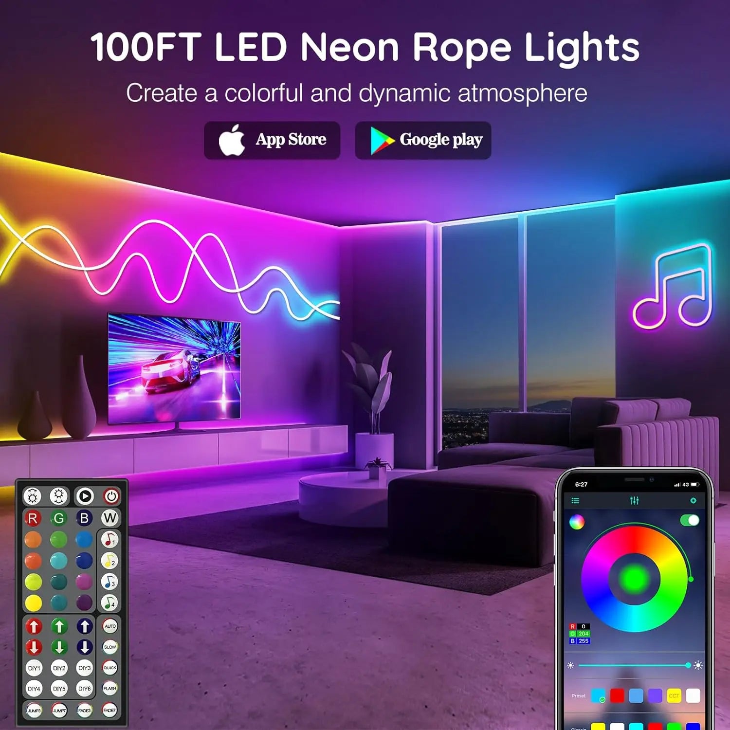 🌈 RGB Neon Rope Lights – Flexibles LED-Seillicht mit App & Fernbedienung (IP65 Outdoor, multiple Modi)