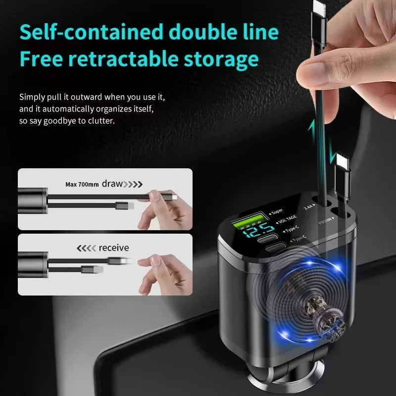 UYUXIO 66W USB-C Auto-Ladeadapter – Super Fast Car Charger mit ausziehbarem Kabel & LED-Spannungsanzeige für iPhone & Samsung