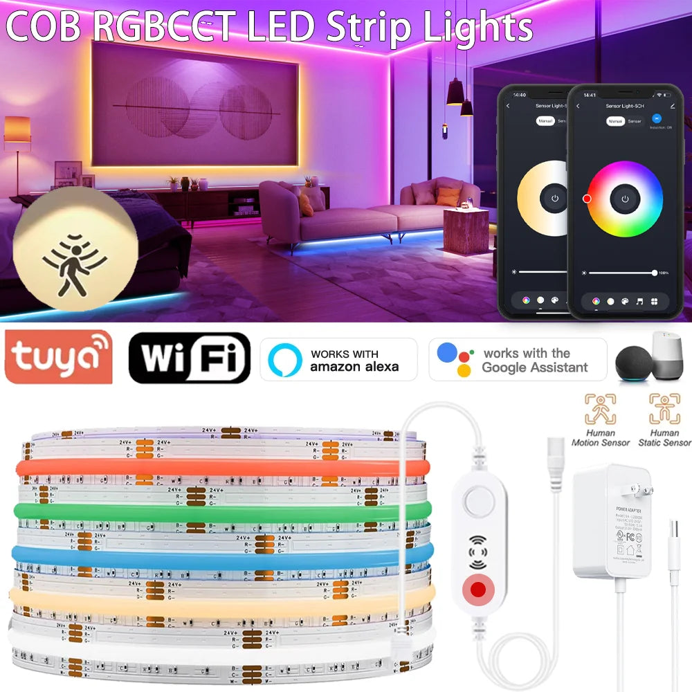 🌈 Tuya WiFi PIR Motion Sensor LED Strip – 24V RGBCCT FCOB High-Density Smart Light (840 LEDs/m, dimmbar, App & Voice Control)
