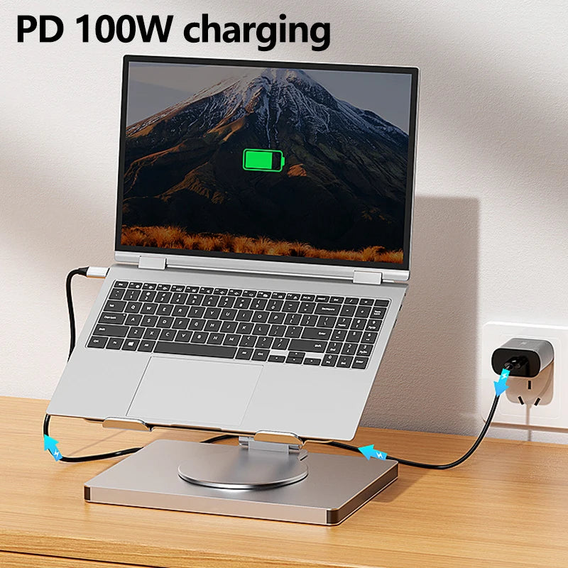 💻 YUCUN 360° Laptop Stand – Drehbarer & faltbarer Universal-Laptophalter aus Aluminium mit USB-Hub, Kartenleser & RJ45