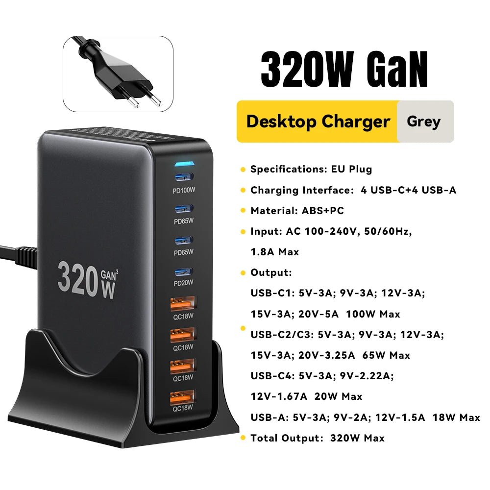 🔌 Essager 320W GaN Lade-Station – 8-Port USB-C & USB-A Desktop Charger (PD 100W, Fast Charging) für iPhone, MacBook, Samsung & Huawei