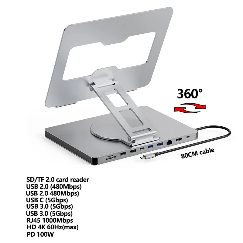 💻 YUCUN 360° Laptop Stand – Drehbarer & faltbarer Universal-Laptophalter aus Aluminium mit USB-Hub, Kartenleser & RJ45